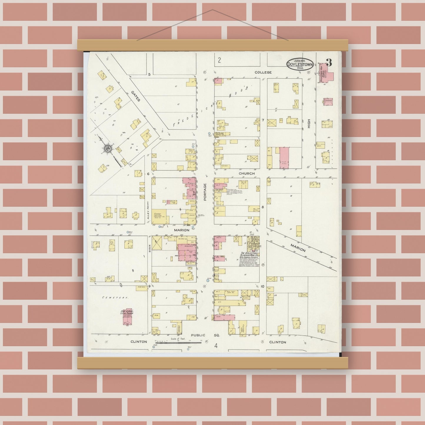 Old map wall art mockup — magnetic wood frame on brick wall — Sanborn Fire Insurance Map from Doylestown, Wayne County, Ohio (1915), Sheet #0003