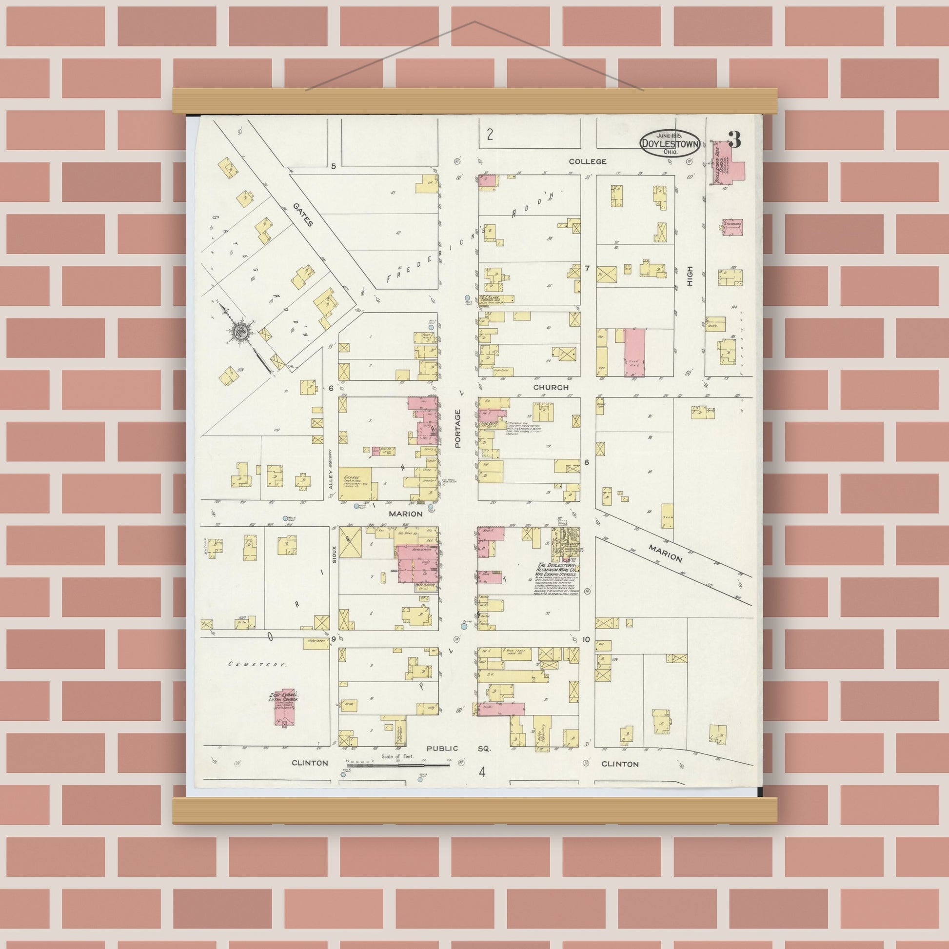 Old map wall art mockup — magnetic wood frame on brick wall — Sanborn Fire Insurance Map from Doylestown, Wayne County, Ohio (1915), Sheet #0003