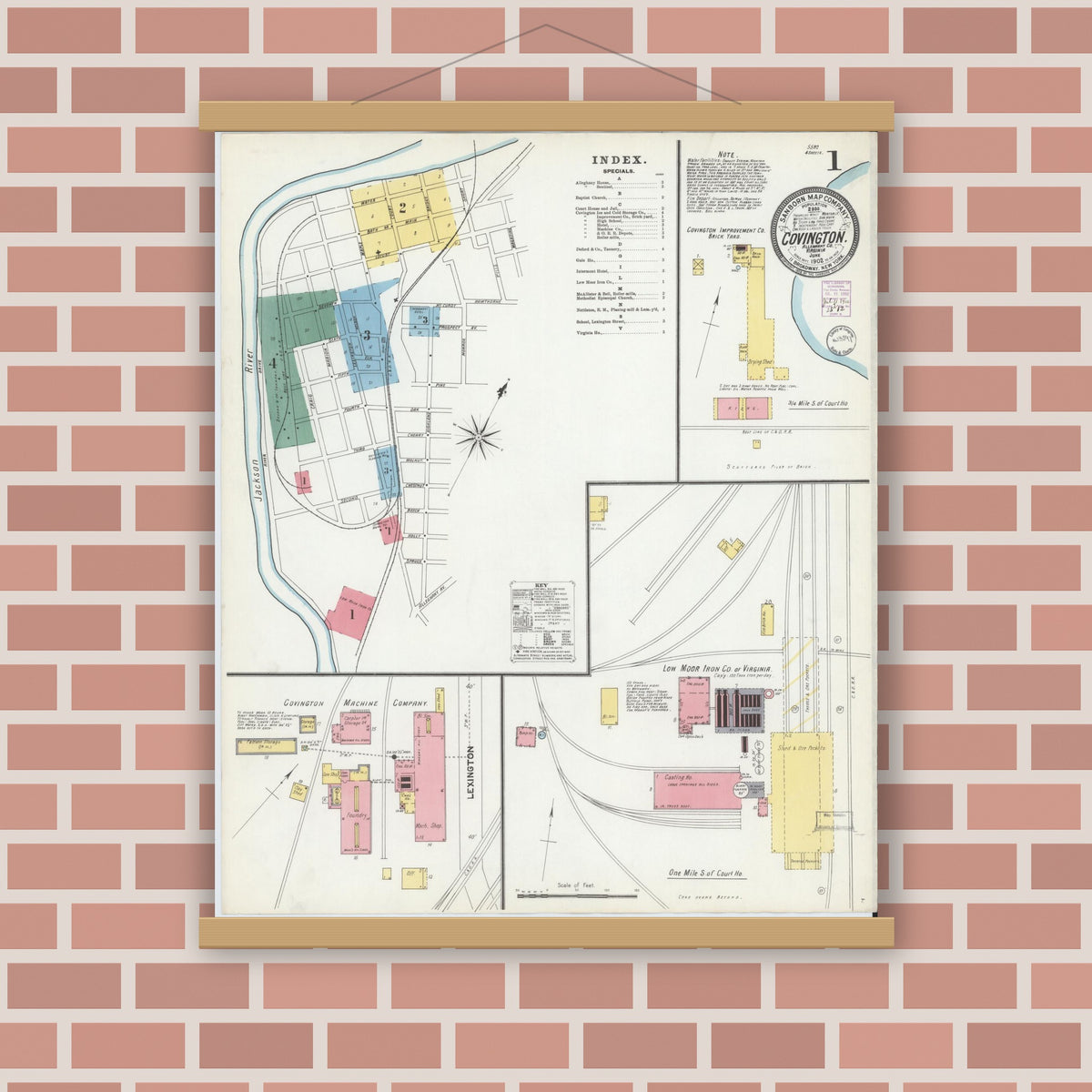 Old map wall art mockup — magnetic wood frame on brick wall — Sanborn Fire Insurance Map from Covington, Independent Cities, Virginia (1902) - Complete Map Set