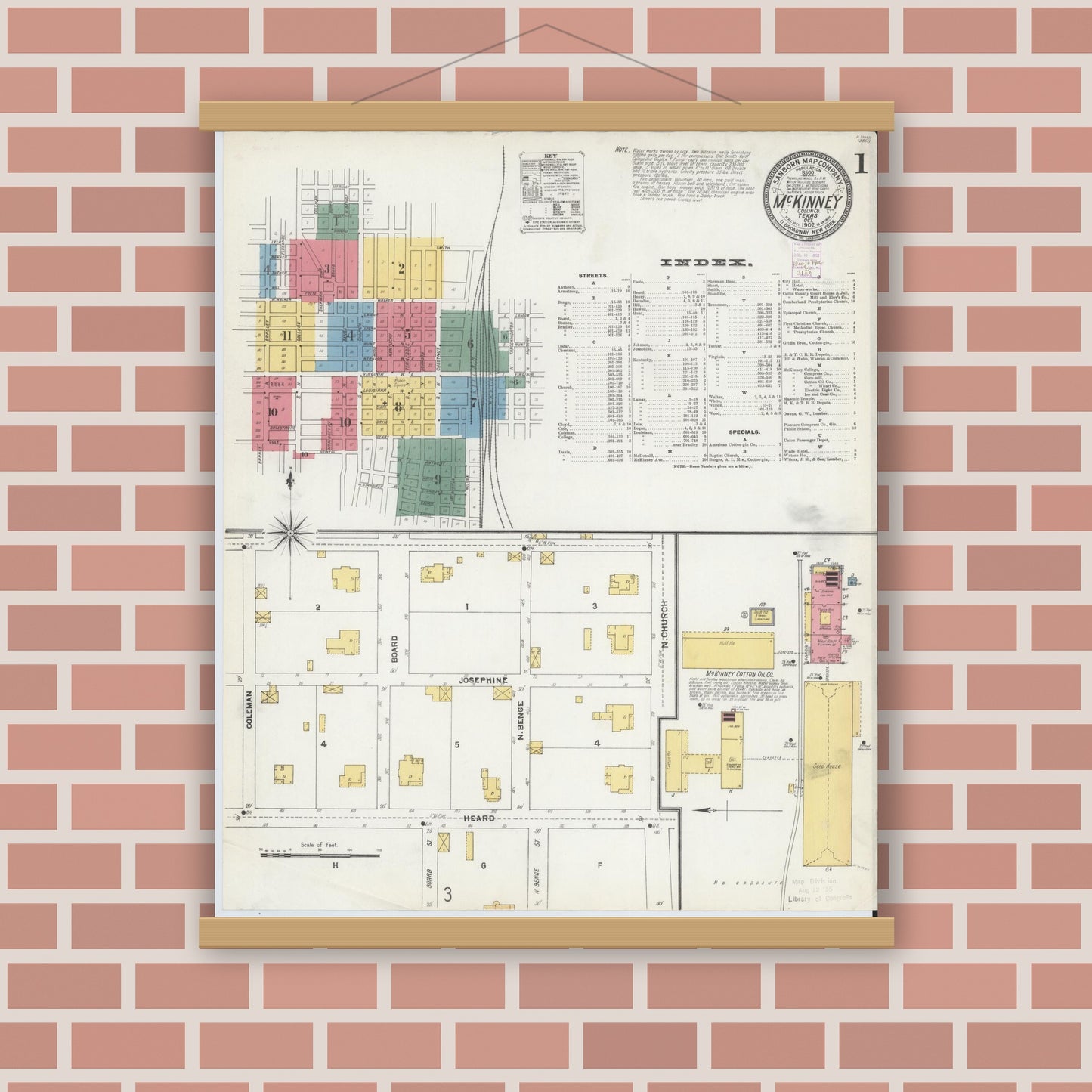 Old map wall art mockup — magnetic wood frame on brick wall — Sanborn Fire Insurance Map from McKinney, Collin County, Texas (1902), Sheet #0001