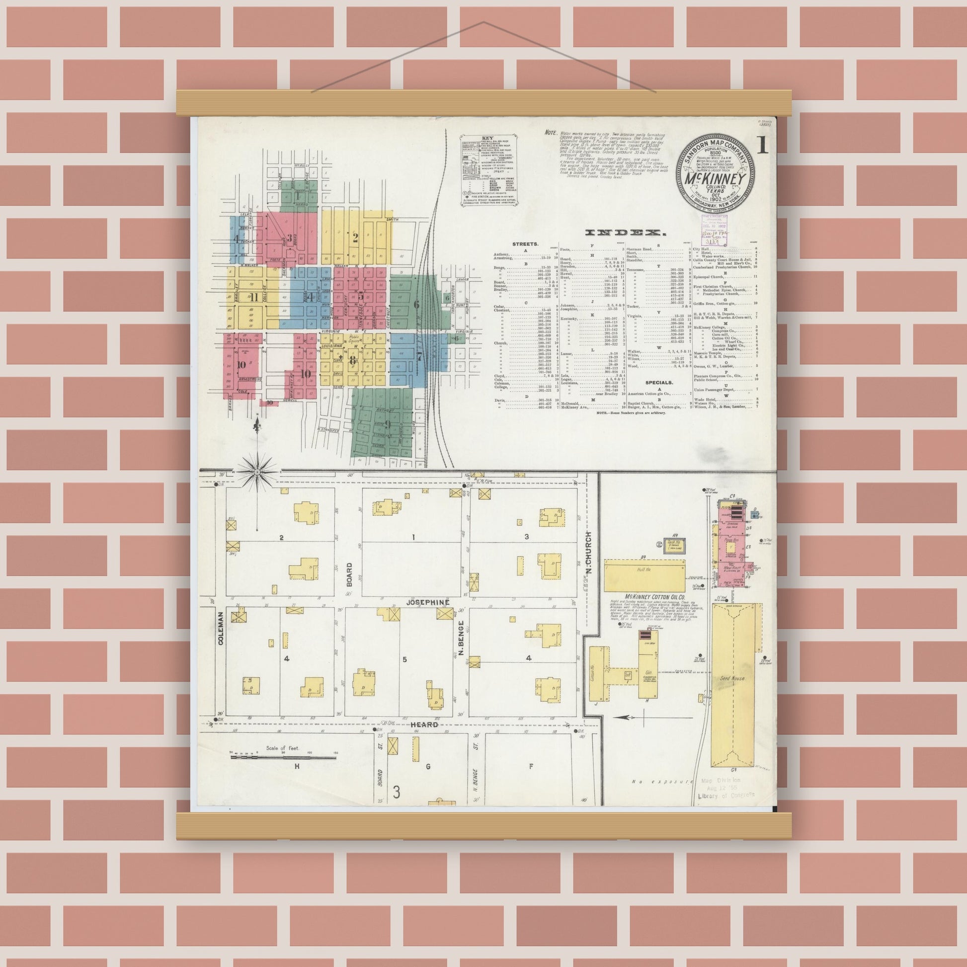 Old map wall art mockup — magnetic wood frame on brick wall — Sanborn Fire Insurance Map from McKinney, Collin County, Texas (1902), Sheet #0001