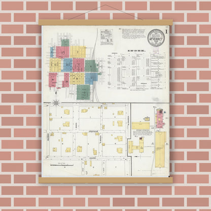 Old map wall art mockup — magnetic wood frame on brick wall — Sanborn Fire Insurance Map from McKinney, Collin County, Texas (1902), Sheet #0001