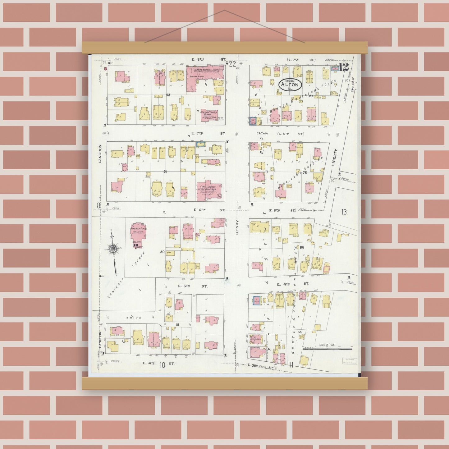 Old map wall art mockup — magnetic wood frame on brick wall — Sanborn Fire Insurance Map from Alton, Madison County, Illinois (1915), Sheet #0012