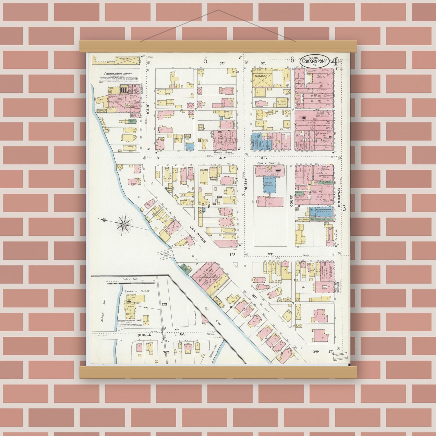 Old map wall art mockup — magnetic wood frame on brick wall — Sanborn Fire Insurance Map from Logansport, Cass County, Indiana (1906), Sheet #0004