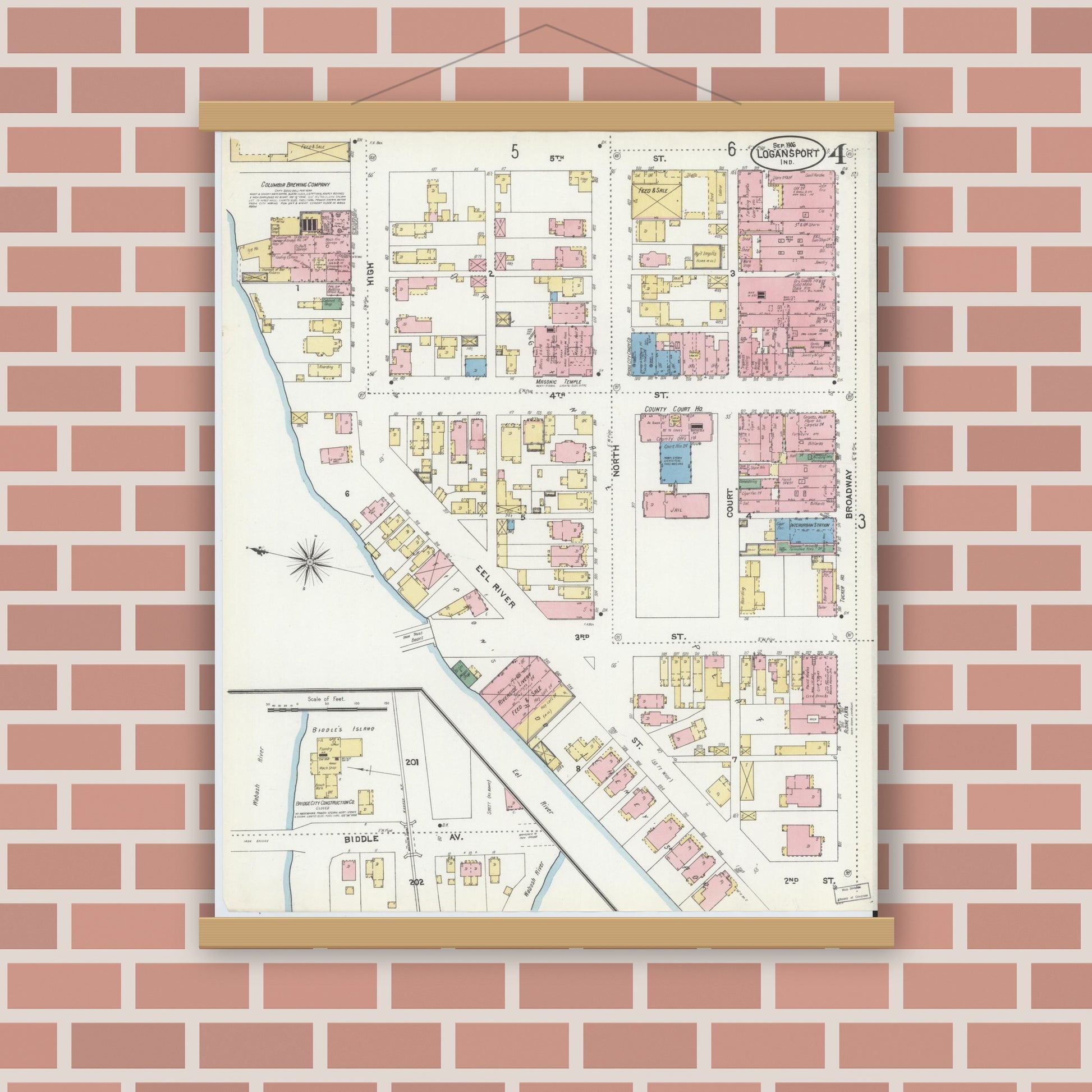 Old map wall art mockup — magnetic wood frame on brick wall — Sanborn Fire Insurance Map from Logansport, Cass County, Indiana (1906), Sheet #0004