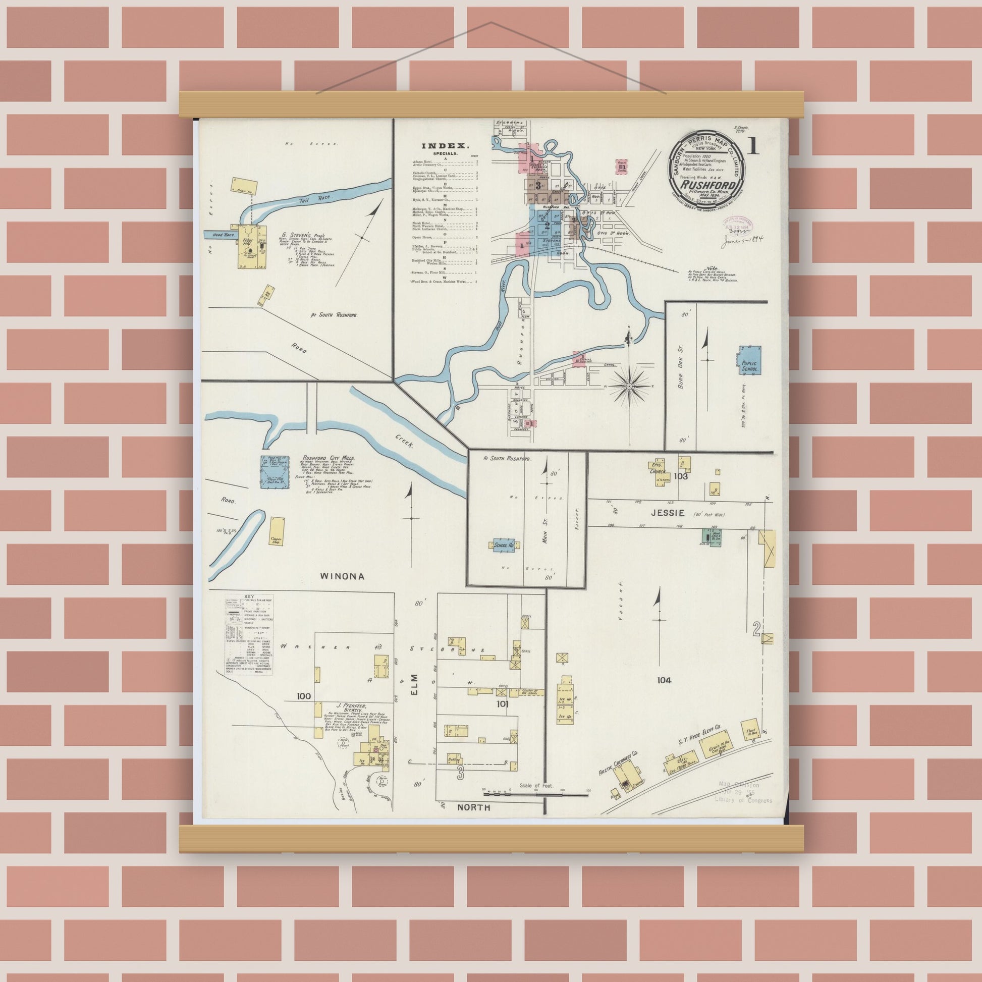 Old map wall art mockup — magnetic wood frame on brick wall — Sanborn Fire Insurance Map from Rushford, Fillmore County, Minnesota (1894) - Complete Map Set