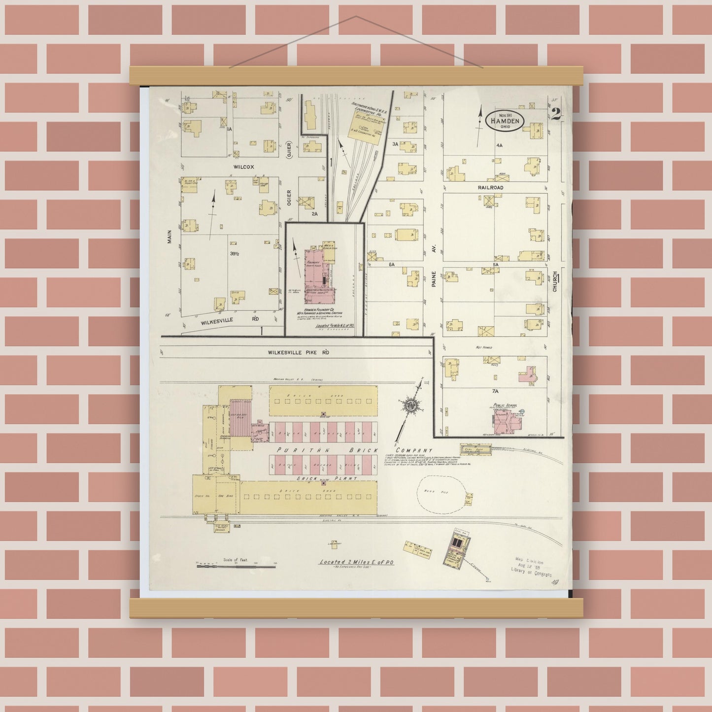 Old map wall art mockup — magnetic wood frame on brick wall — Sanborn Fire Insurance Map from Hamden, Vinton County, Ohio (1911), Sheet #0002