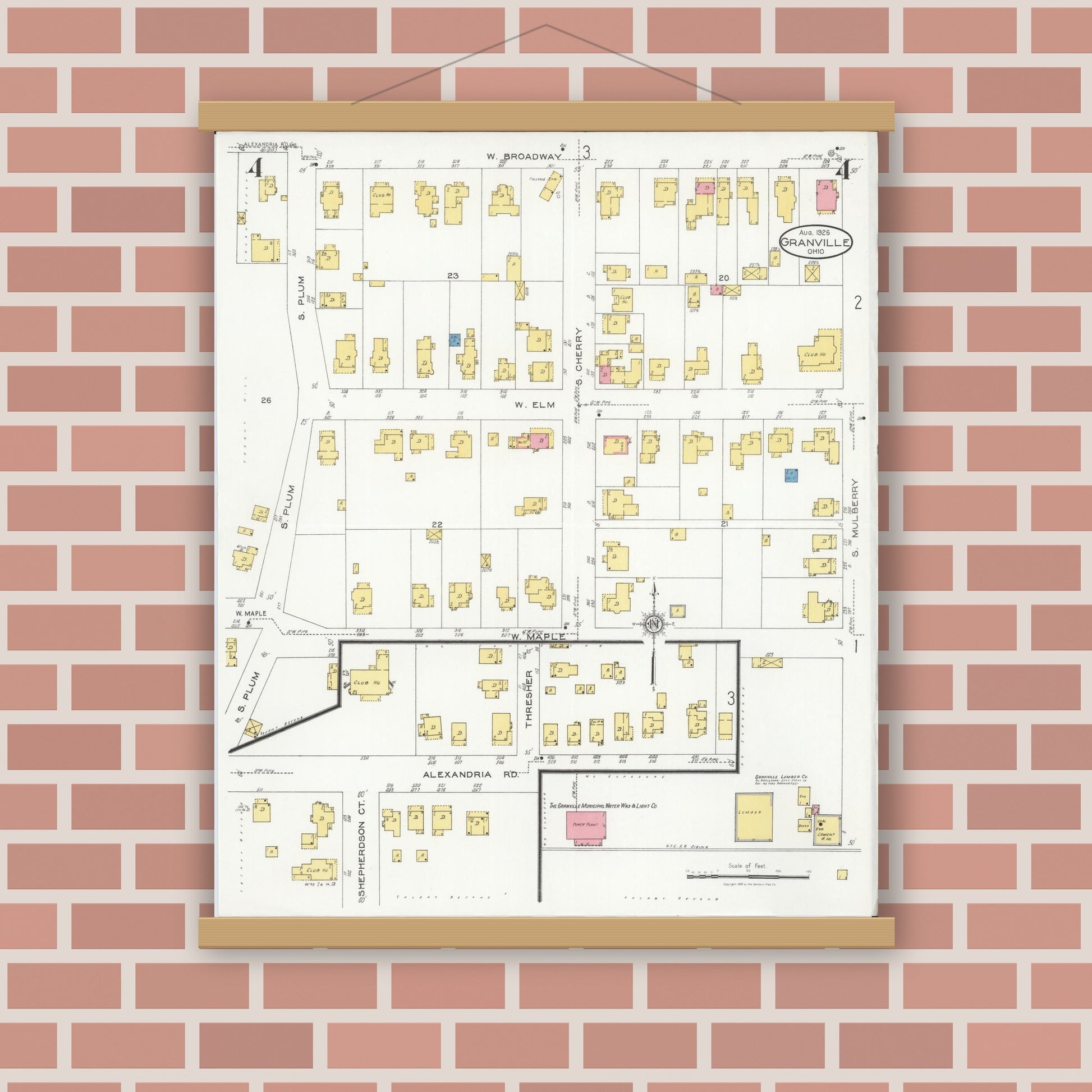 Old map wall art mockup — magnetic wood frame on brick wall — Sanborn Fire Insurance Map from Granville, Licking County, Ohio (1926), Sheet #0004