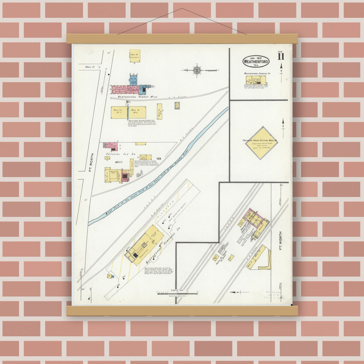 Old map wall art mockup — magnetic wood frame on brick wall — Sanborn Fire Insurance Map from Weatherford, Parker County, Texas (1921), Sheet #0011