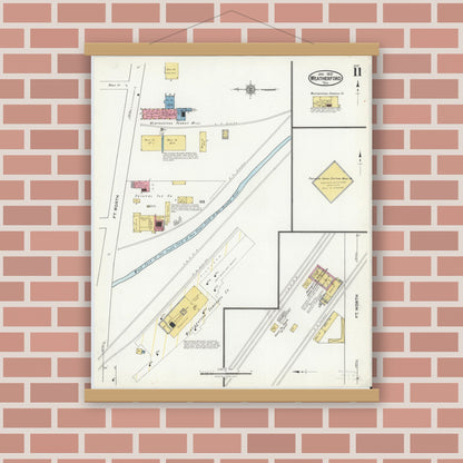 Old map wall art mockup — magnetic wood frame on brick wall — Sanborn Fire Insurance Map from Weatherford, Parker County, Texas (1921), Sheet #0011