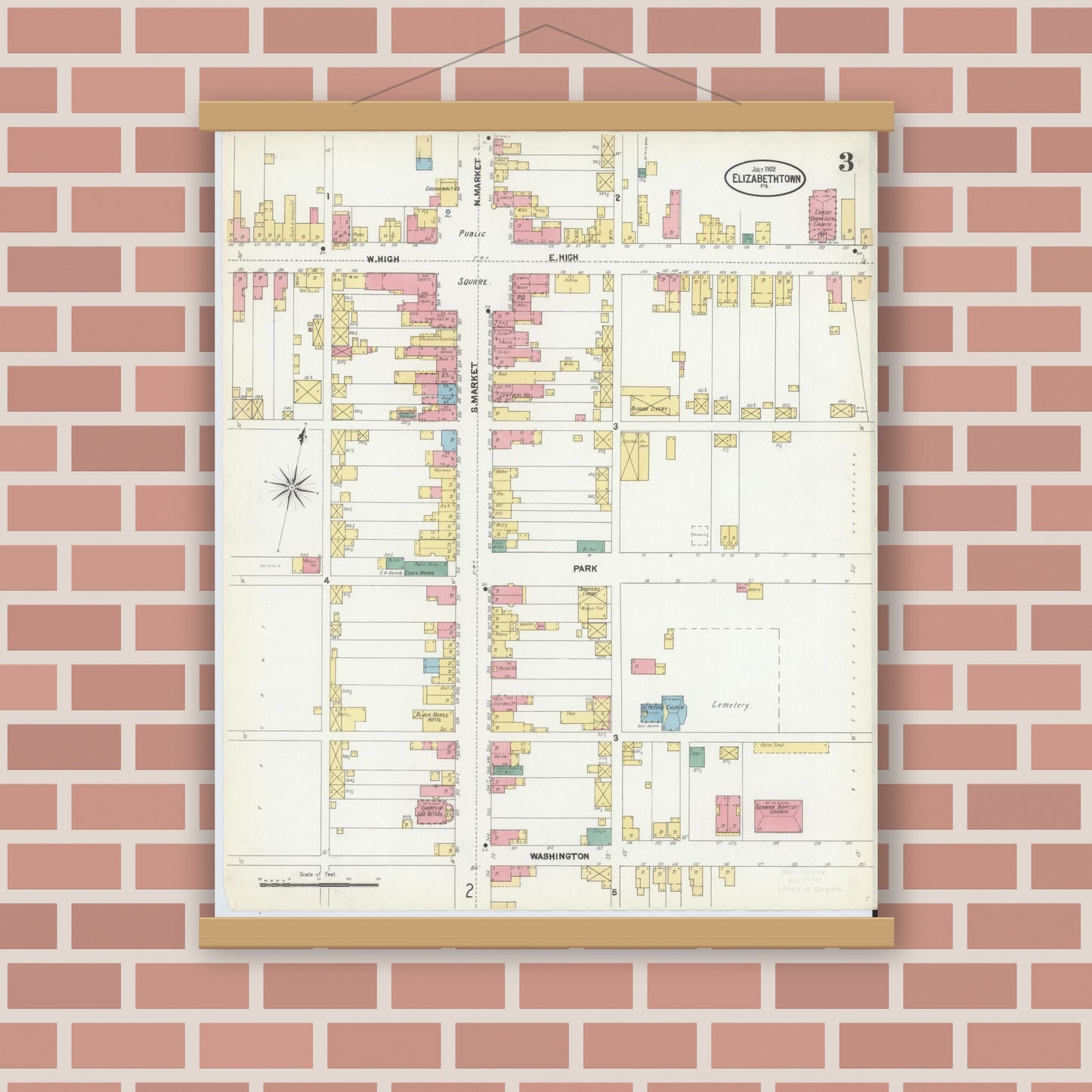 Old map wall art mockup — magnetic wood frame on brick wall — Sanborn Fire Insurance Map from Elizabethtown, Lancaster County, Pennsylvania (1902), Sheet #0003