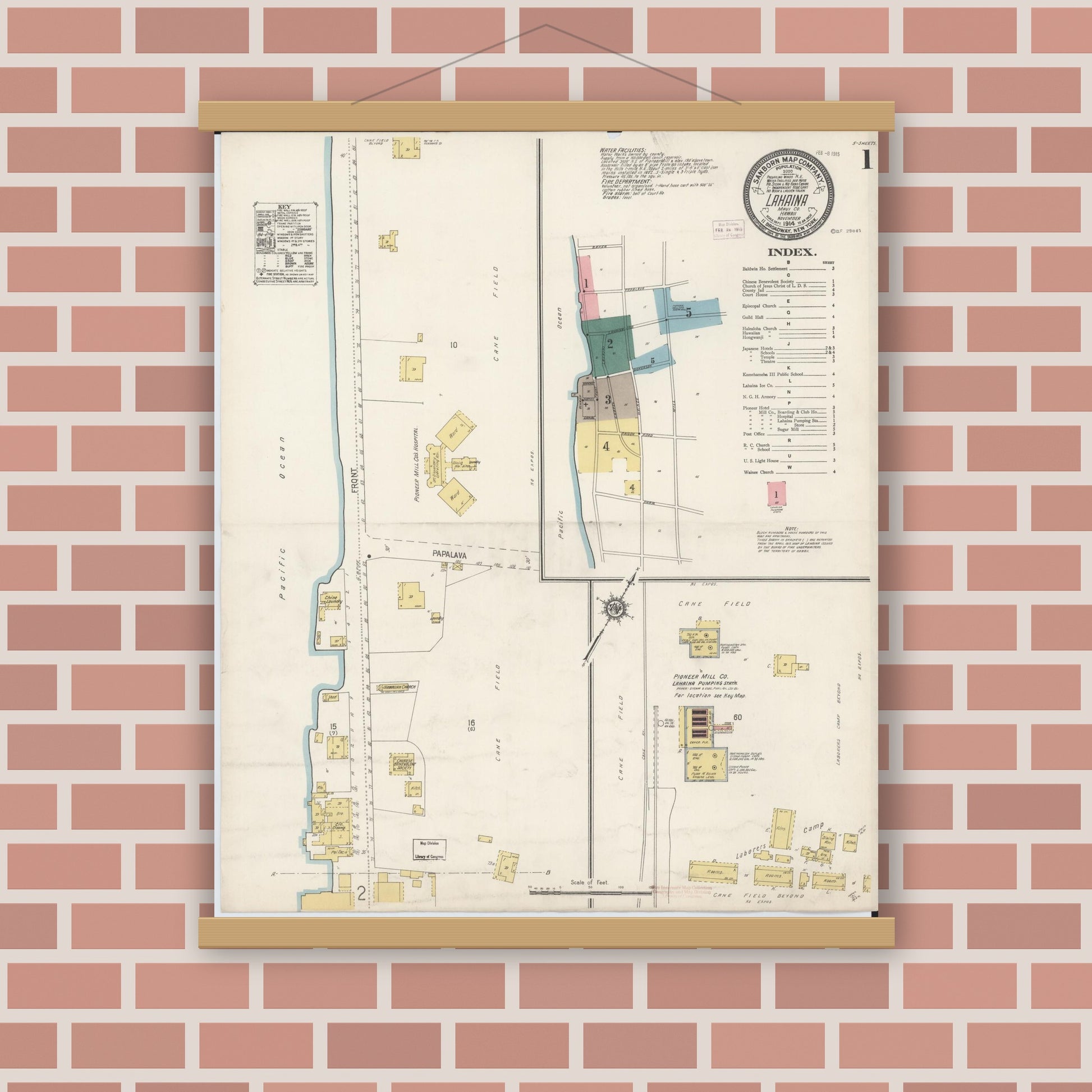 Old map wall art mockup — magnetic wood frame on brick wall — Sanborn Fire Insurance Map from Lahaina, Maui County, Hawaii (1914) - Complete Map Set