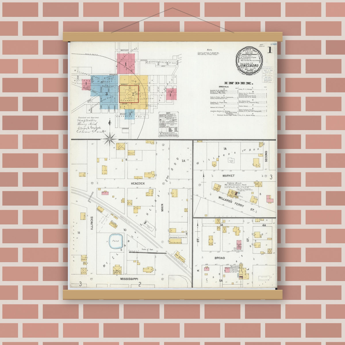 Old map wall art mockup — magnetic wood frame on brick wall — Sanborn Fire Insurance Map from Jonesboro, Union County, Illinois (1900) - Complete Map Set