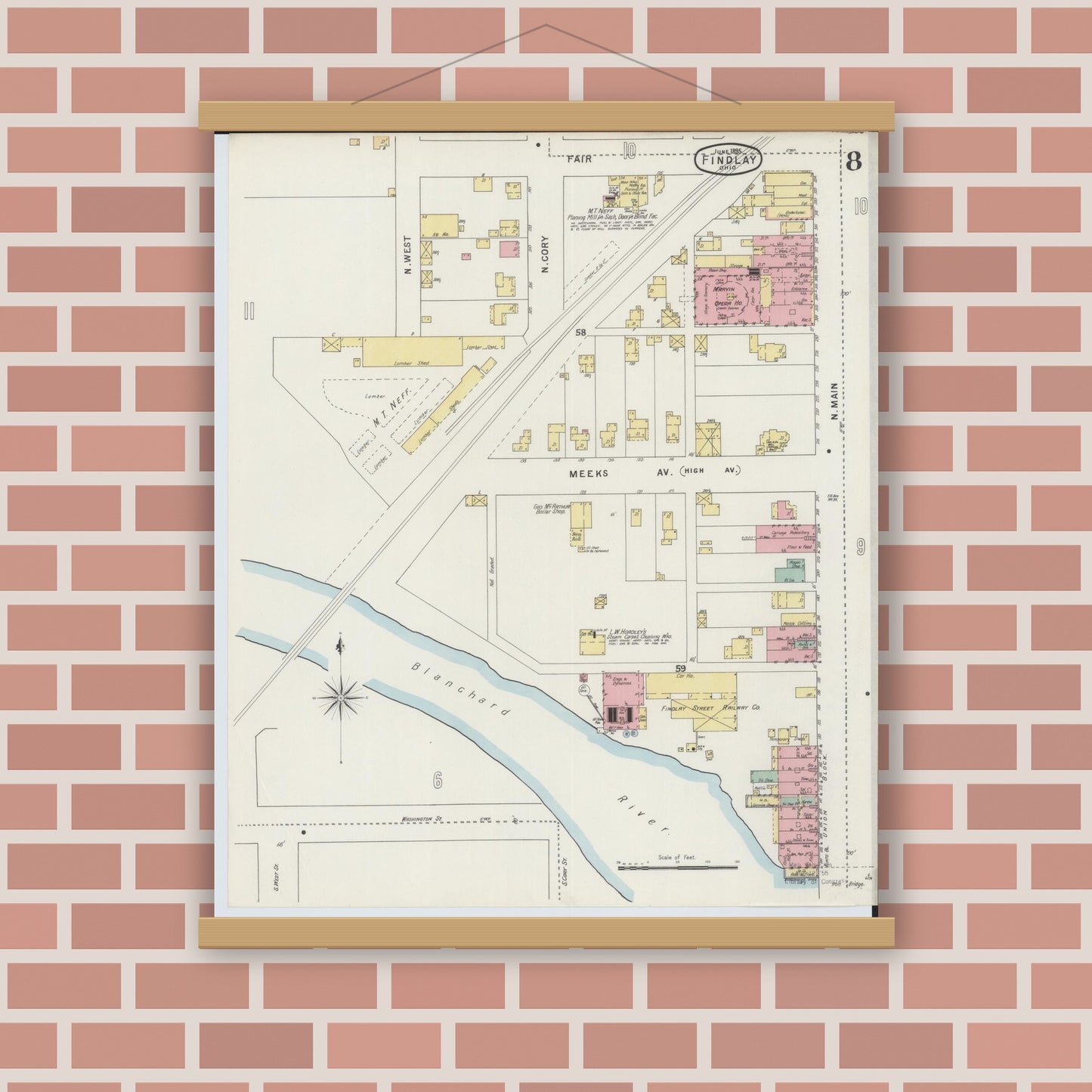 Old map wall art mockup — magnetic wood frame on brick wall — Sanborn Fire Insurance Map from Findlay, Hancock County, Ohio (1895), Sheet #0008