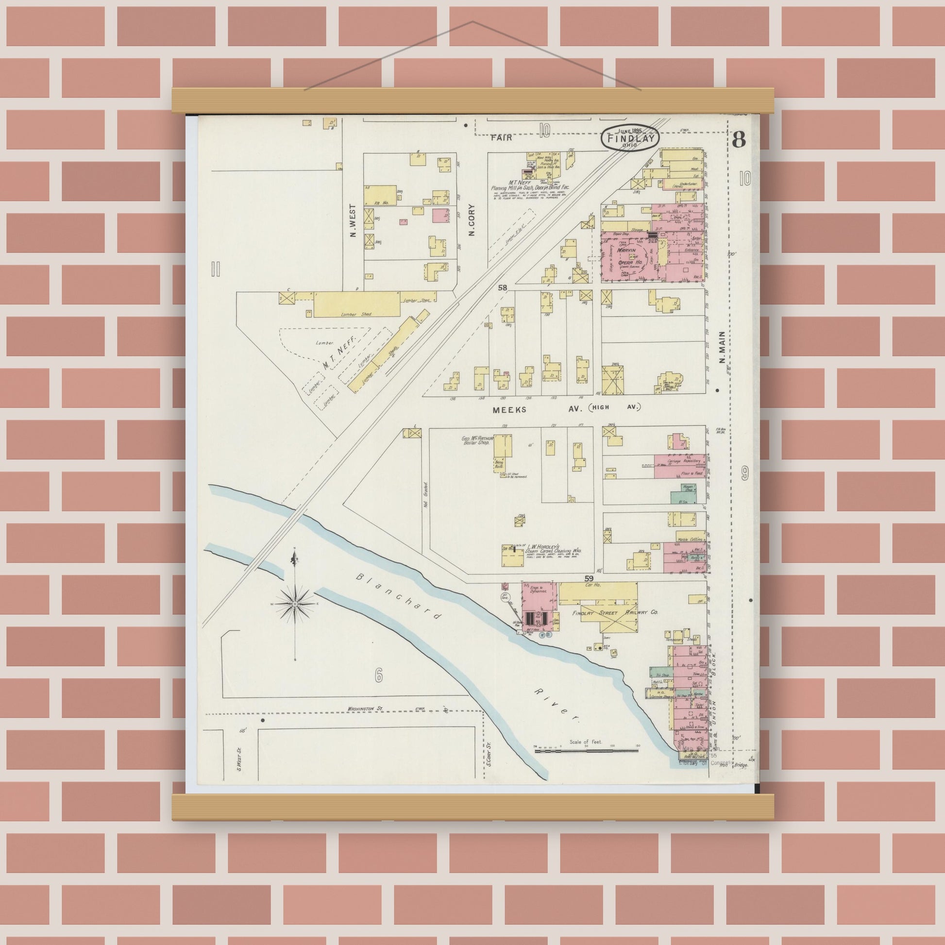 Old map wall art mockup — magnetic wood frame on brick wall — Sanborn Fire Insurance Map from Findlay, Hancock County, Ohio (1895), Sheet #0008