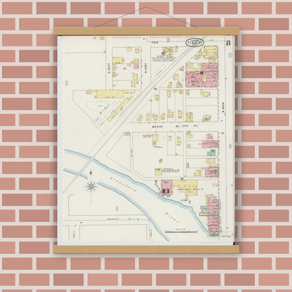 Old map wall art mockup — magnetic wood frame on brick wall — Sanborn Fire Insurance Map from Findlay, Hancock County, Ohio (1895), Sheet #0008
