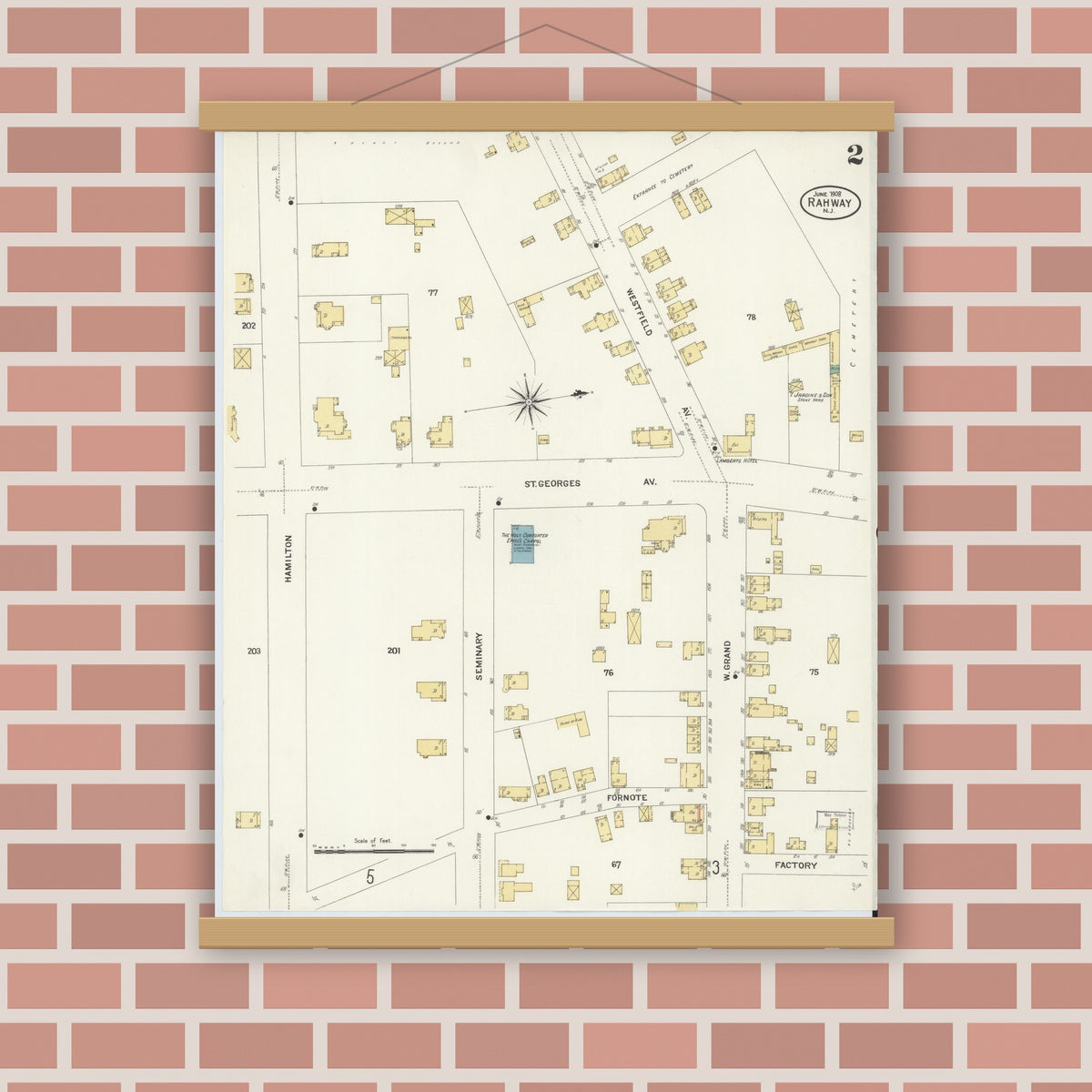 Old map wall art mockup — magnetic wood frame on brick wall — Sanborn Fire Insurance Map from Rahway, Union County, New Jersey (1908) - Complete Map Set