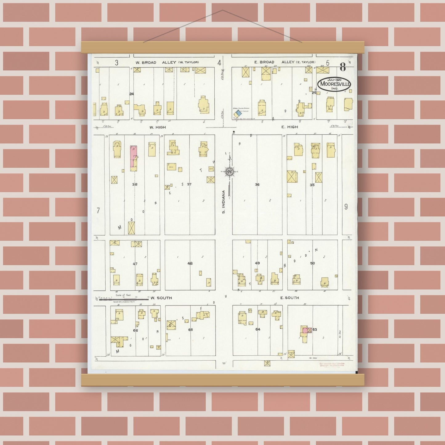 Old map wall art mockup — magnetic wood frame on brick wall — Sanborn Fire Insurance Map from Mooresville, Morgan County, Indiana (1920), Sheet #0008