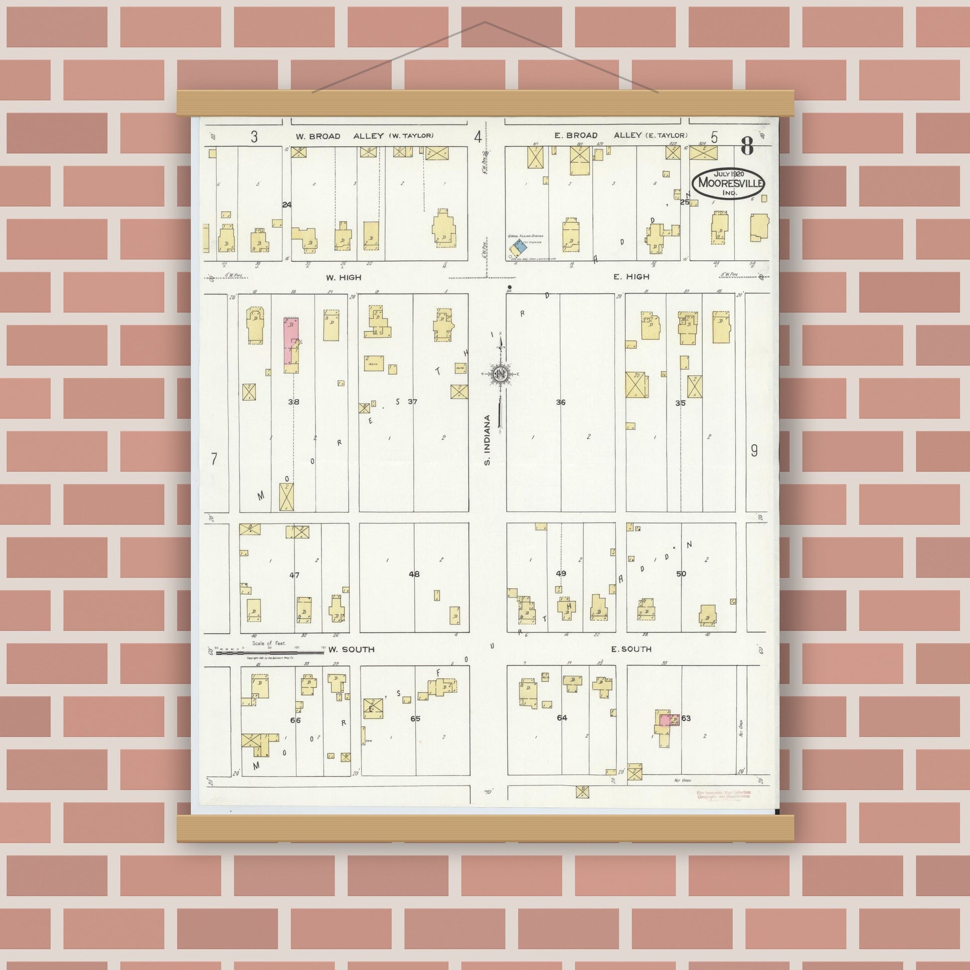 Old map wall art mockup — magnetic wood frame on brick wall — Sanborn Fire Insurance Map from Mooresville, Morgan County, Indiana (1920), Sheet #0008