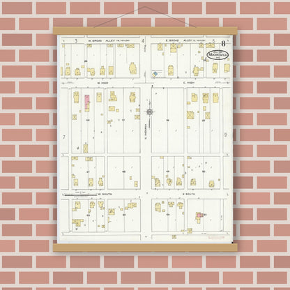 Old map wall art mockup — magnetic wood frame on brick wall — Sanborn Fire Insurance Map from Mooresville, Morgan County, Indiana (1920), Sheet #0008