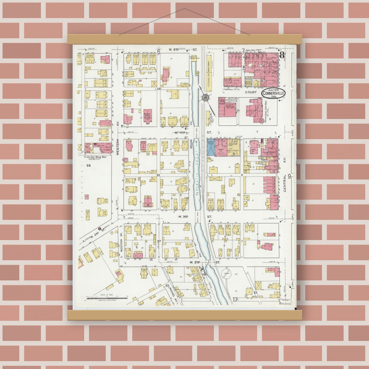 Old map wall art mockup — magnetic wood frame on brick wall — Sanborn Fire Insurance Map from Connersville, Fayette County, Indiana (1919), Sheet #0008