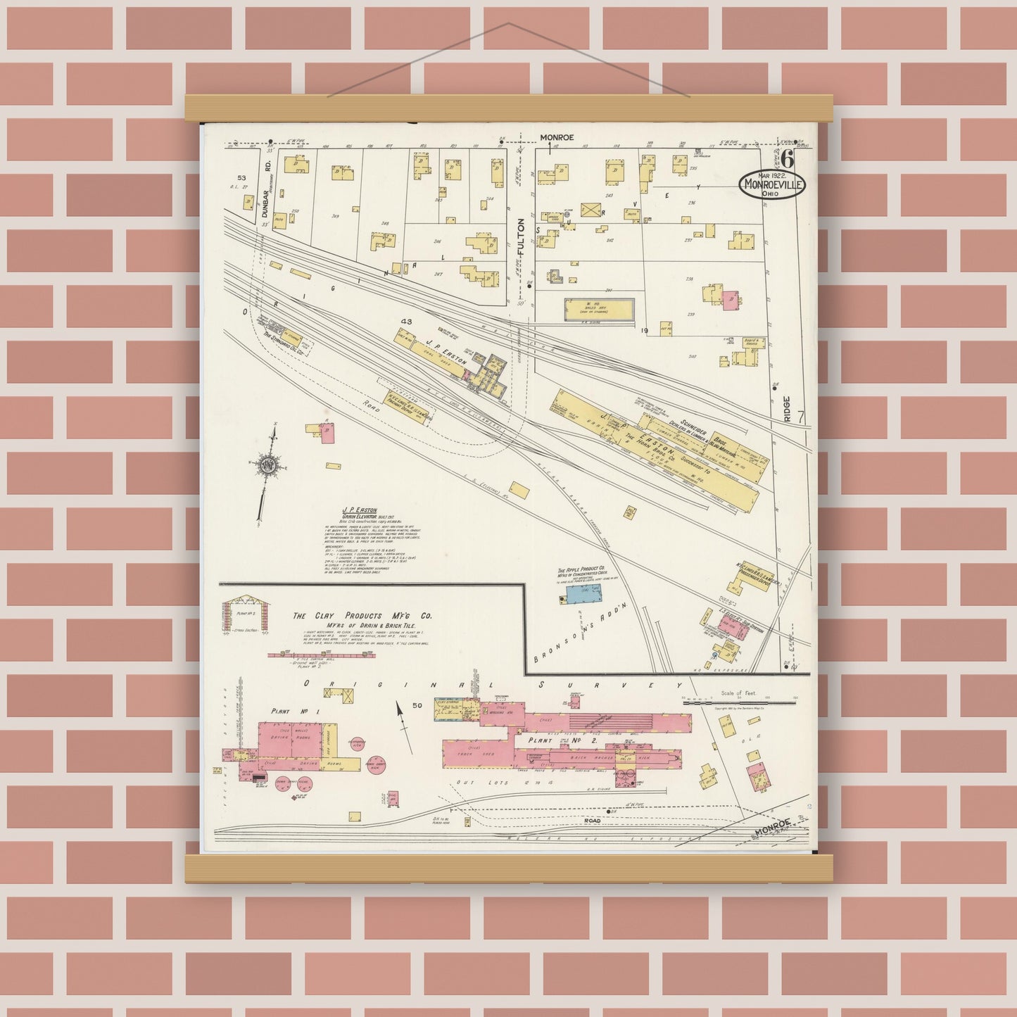 Old map wall art mockup — magnetic wood frame on brick wall — Sanborn Fire Insurance Map from Monroeville, Huron County, Ohio (1922), Sheet #0006
