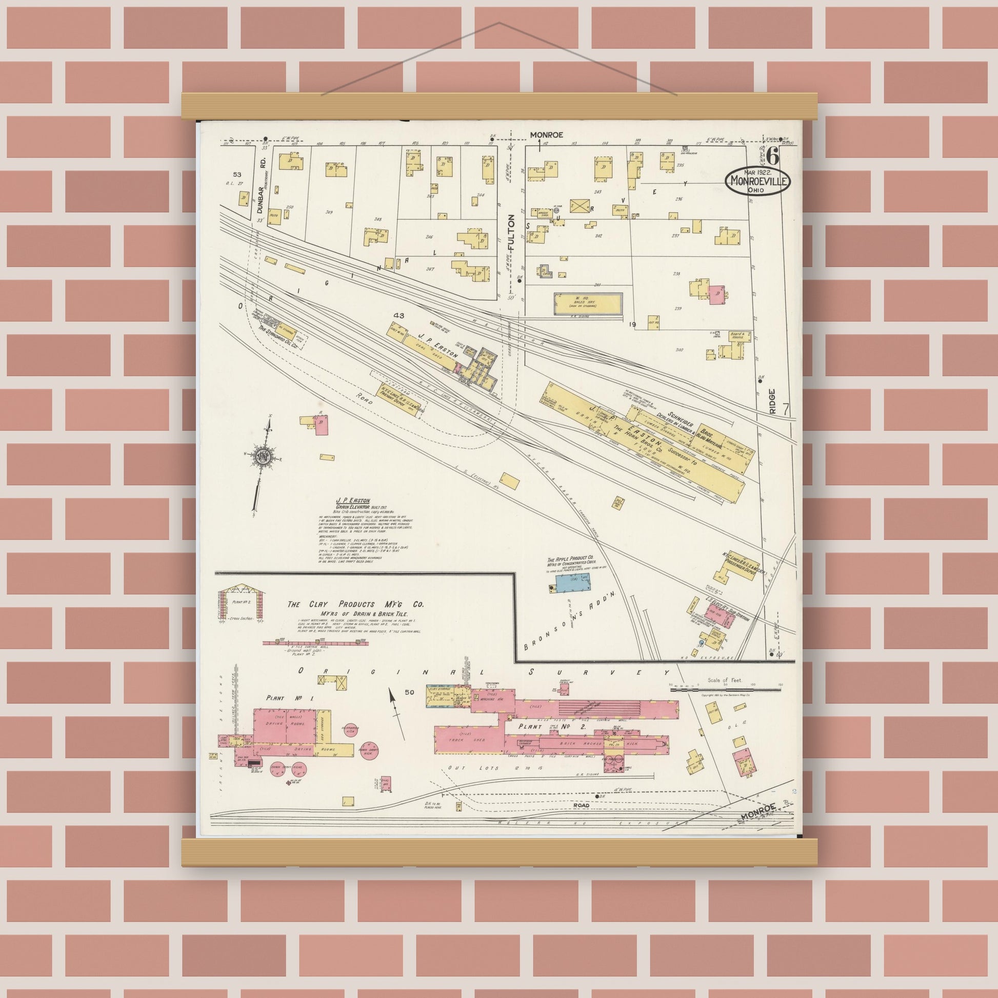Old map wall art mockup — magnetic wood frame on brick wall — Sanborn Fire Insurance Map from Monroeville, Huron County, Ohio (1922), Sheet #0006