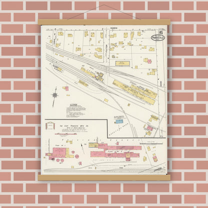 Old map wall art mockup — magnetic wood frame on brick wall — Sanborn Fire Insurance Map from Monroeville, Huron County, Ohio (1922), Sheet #0006