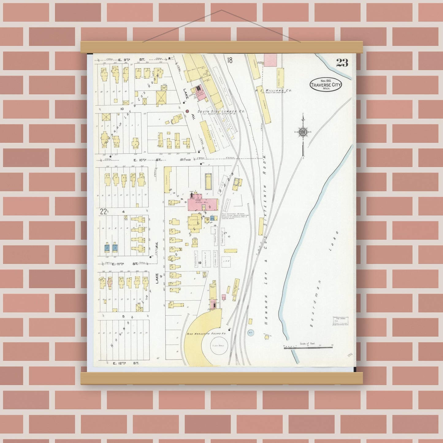 Old map wall art mockup — magnetic wood frame on brick wall — Sanborn Fire Insurance Map from Traverse City, Grand Traverse County, Michigan (1910), Sheet #0023