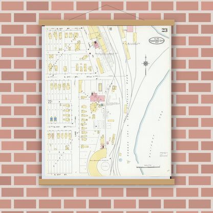 Old map wall art mockup — magnetic wood frame on brick wall — Sanborn Fire Insurance Map from Traverse City, Grand Traverse County, Michigan (1910), Sheet #0023