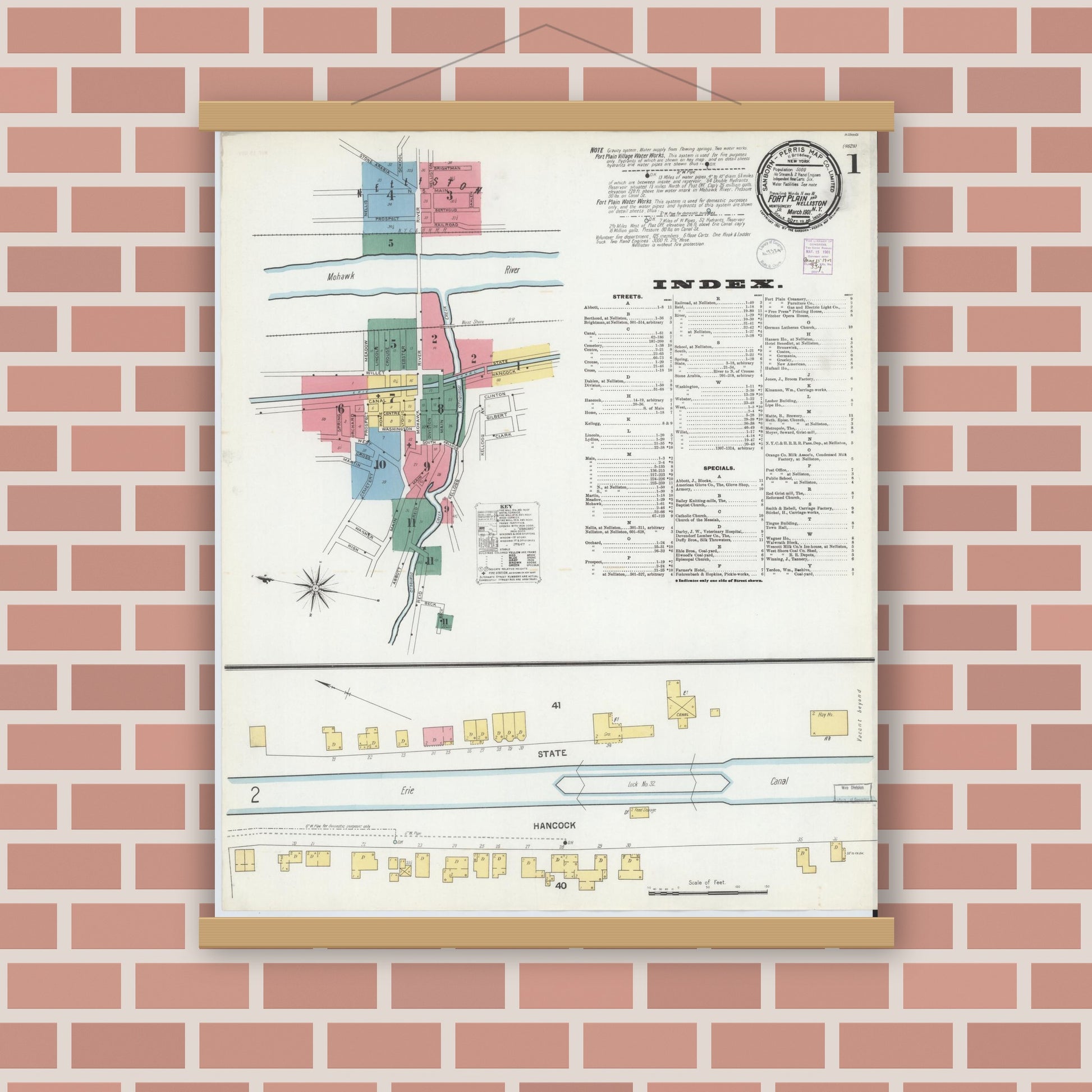 Old map wall art mockup — magnetic wood frame on brick wall — Sanborn Fire Insurance Map from Fort Plain, Montgomery County, New York (1901) - Complete Map Set