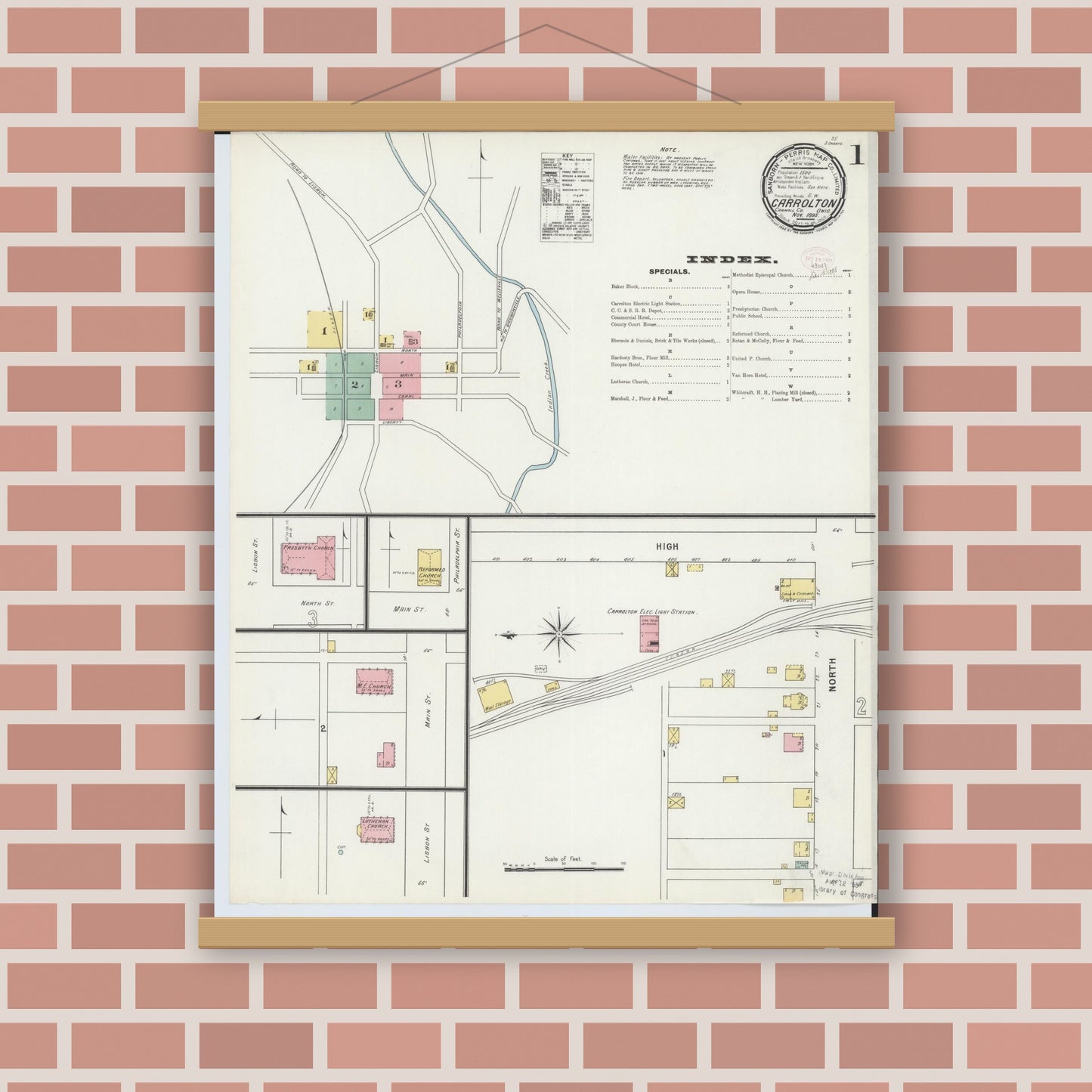 Old map wall art mockup — magnetic wood frame on brick wall — Sanborn Fire Insurance Map from Carrollton, Carroll County, Ohio (1895) - Complete Map Set