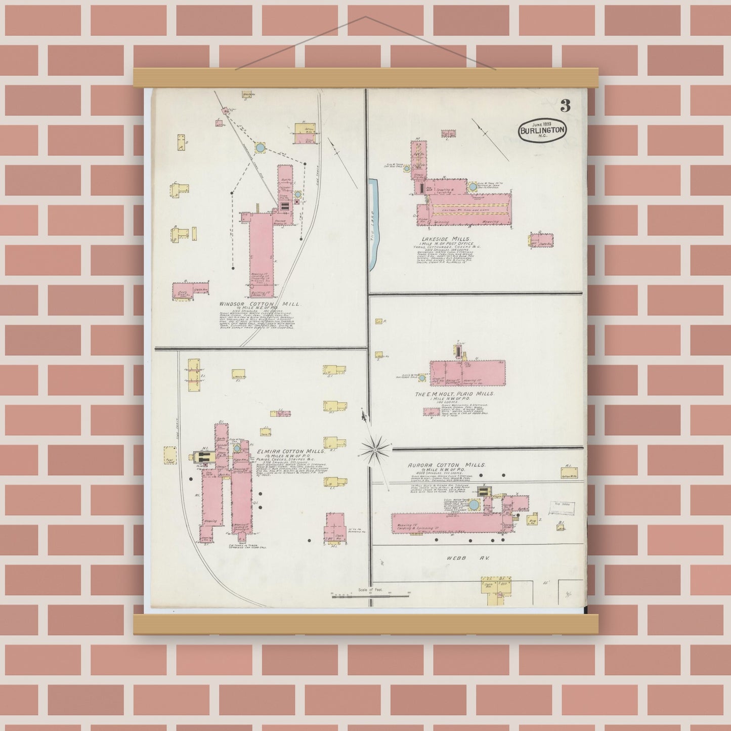 Old map wall art mockup — magnetic wood frame on brick wall — Sanborn Fire Insurance Map from Burlington, Alamance County, North Carolina (1893), Sheet #0003