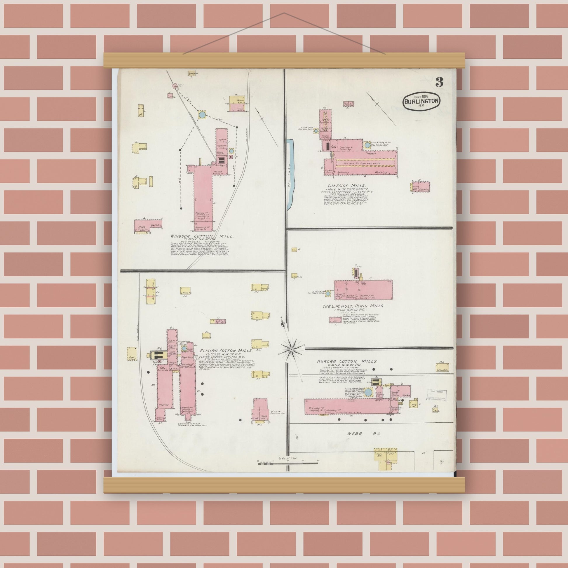 Old map wall art mockup — magnetic wood frame on brick wall — Sanborn Fire Insurance Map from Burlington, Alamance County, North Carolina (1893), Sheet #0003