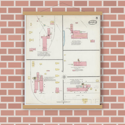Old map wall art mockup — magnetic wood frame on brick wall — Sanborn Fire Insurance Map from Burlington, Alamance County, North Carolina (1893), Sheet #0003