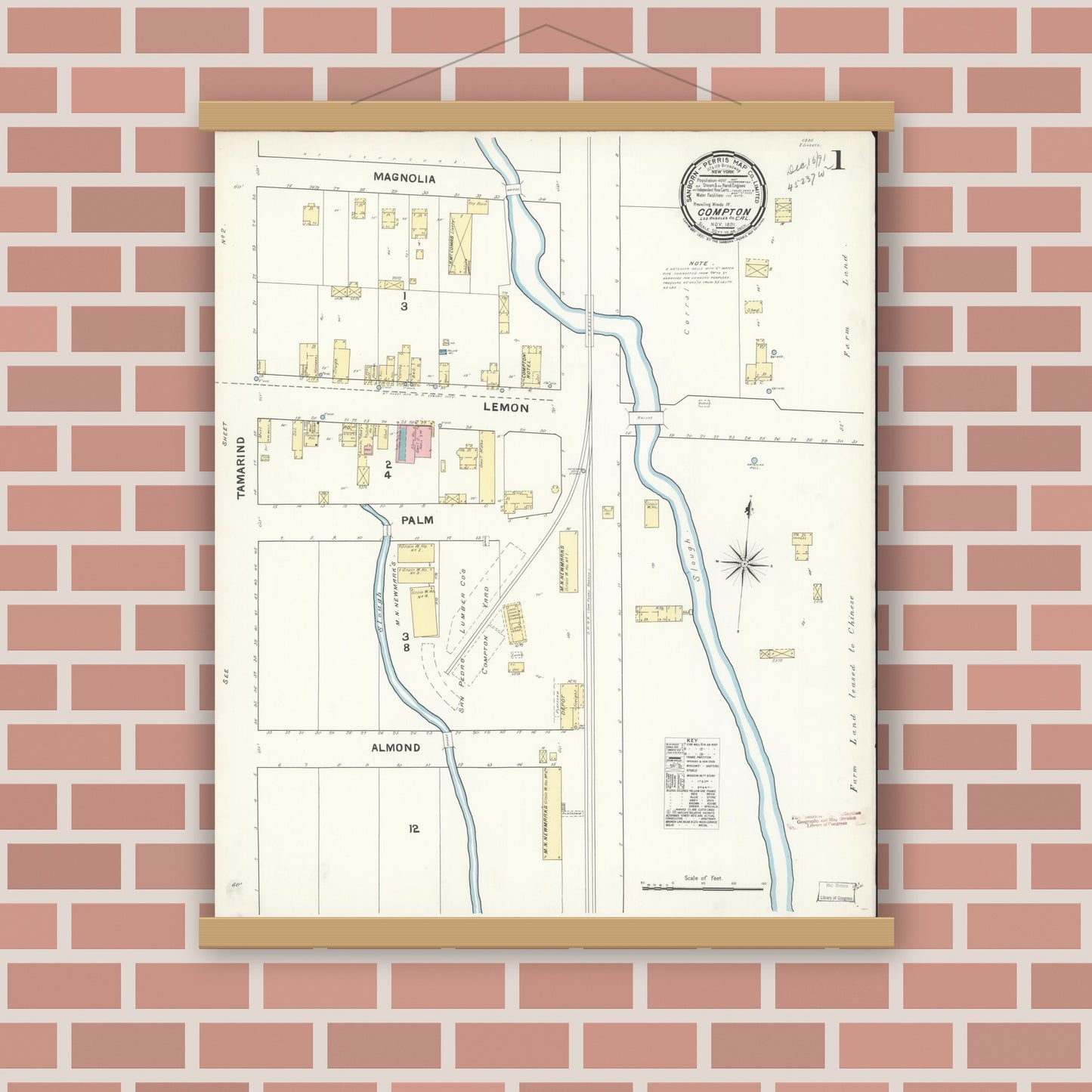 Old map wall art mockup — magnetic wood frame on brick wall — Sanborn Fire Insurance Map from Compton, Los Angeles County, California (1891) - Complete Map Set