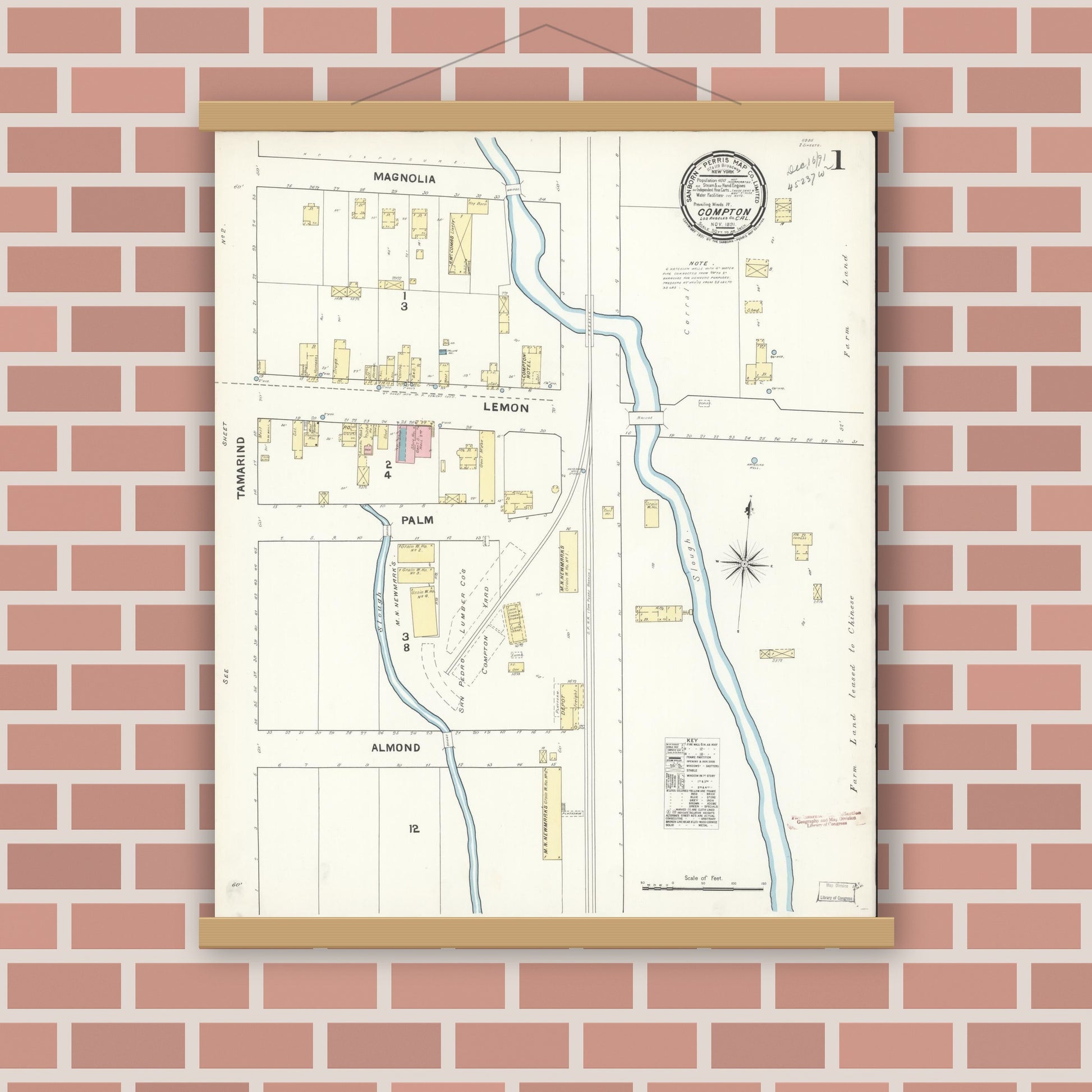 Old map wall art mockup — magnetic wood frame on brick wall — Sanborn Fire Insurance Map from Compton, Los Angeles County, California (1891) - Complete Map Set