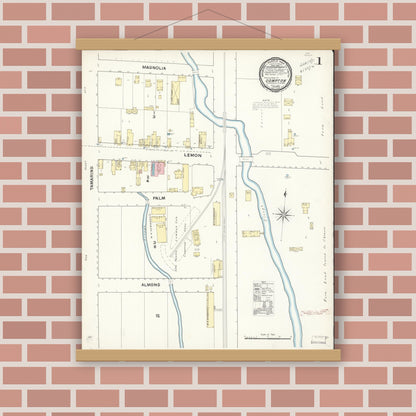 Old map wall art mockup — magnetic wood frame on brick wall — Sanborn Fire Insurance Map from Compton, Los Angeles County, California (1891) - Complete Map Set