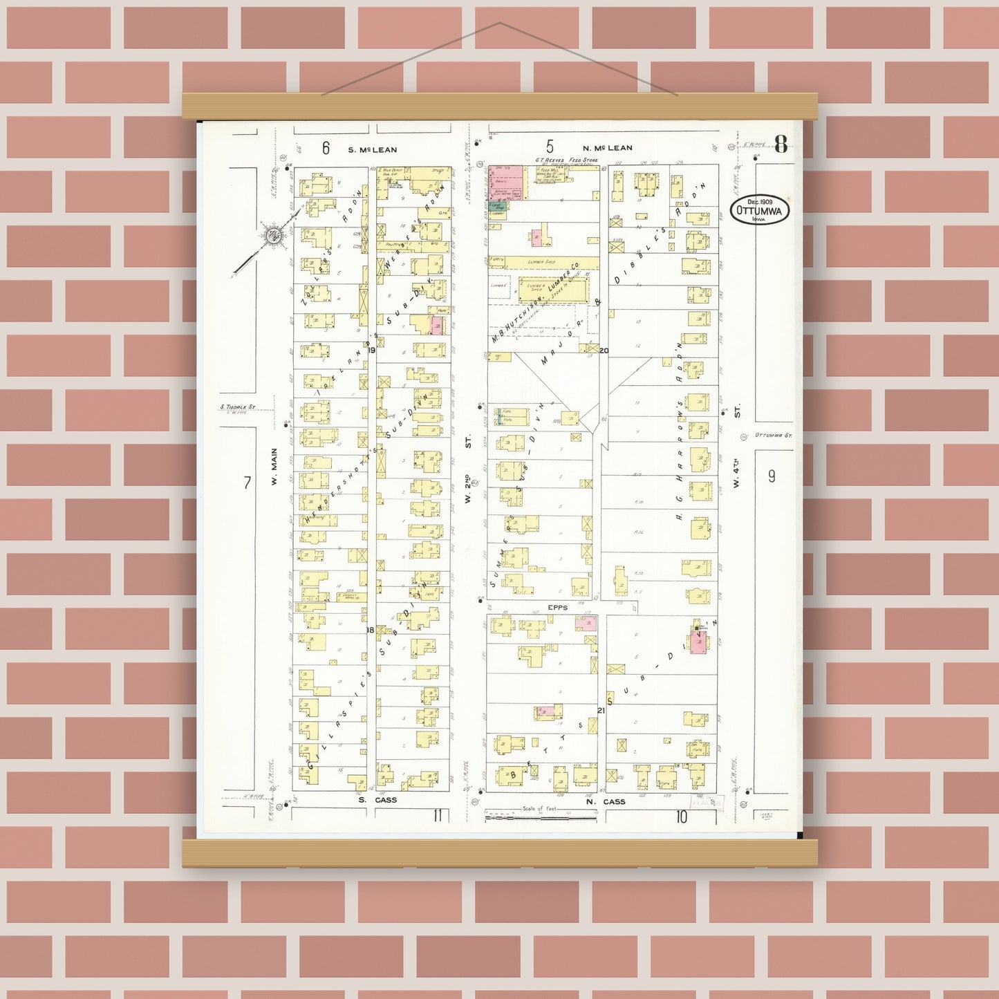 Old map wall art mockup — magnetic wood frame on brick wall — Sanborn Fire Insurance Map from Ottumwa, Wapello County, Iowa (1909), Sheet #0008