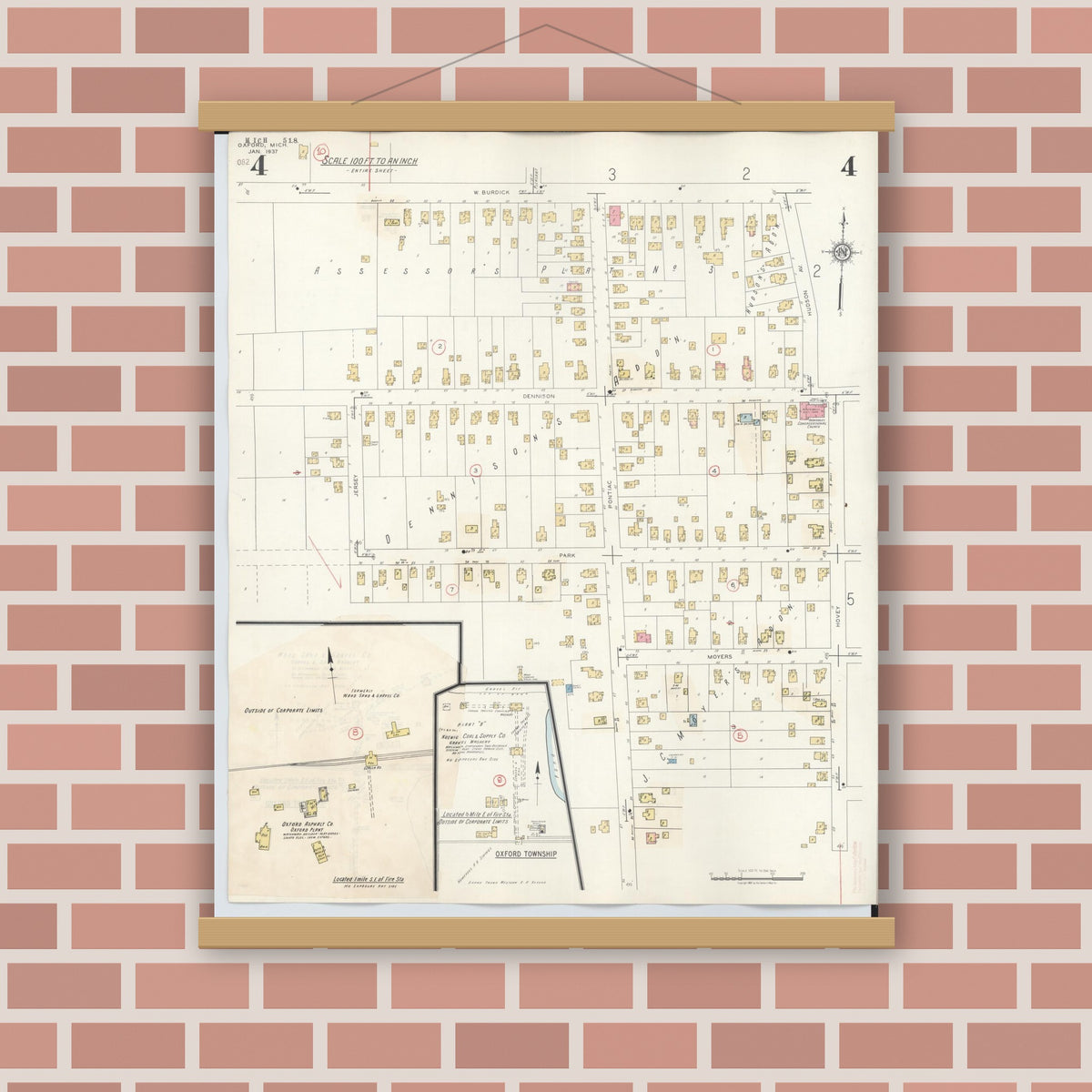 Old map wall art mockup — magnetic wood frame on brick wall — Sanborn Fire Insurance Map from Oxford, Oakland County, Michigan (1945), Sheet #0004