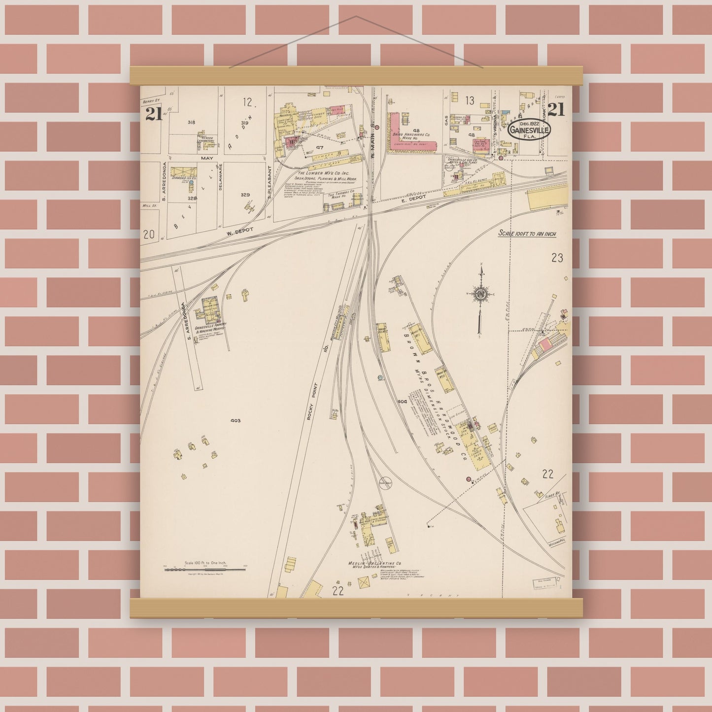 Old map wall art mockup — magnetic wood frame on brick wall — Sanborn Fire Insurance Map from Gainesville, Alachua County, Florida (1922), Sheet #0021