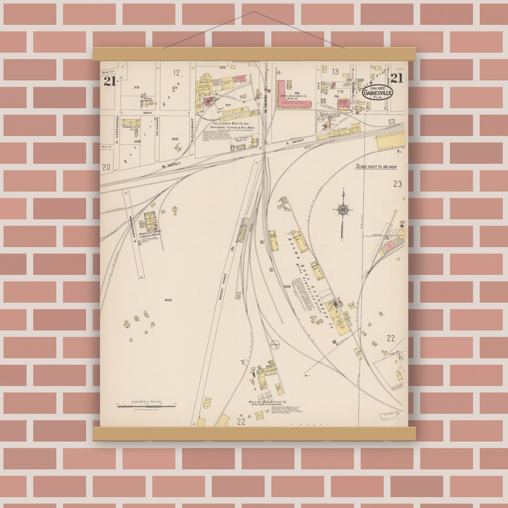 Old map wall art mockup — magnetic wood frame on brick wall — Sanborn Fire Insurance Map from Gainesville, Alachua County, Florida (1922), Sheet #0021
