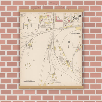 Old map wall art mockup — magnetic wood frame on brick wall — Sanborn Fire Insurance Map from Gainesville, Alachua County, Florida (1922), Sheet #0021