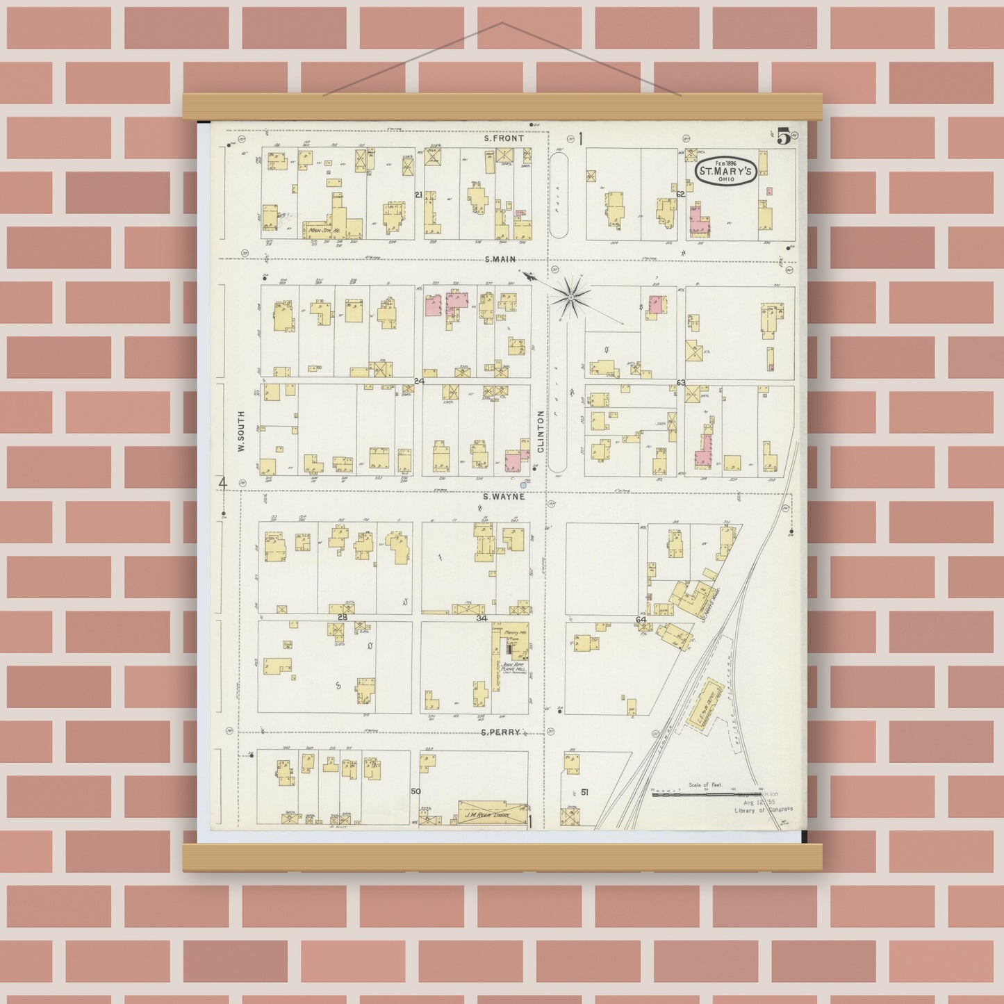 Old map wall art mockup — magnetic wood frame on brick wall — Sanborn Fire Insurance Map from Saint Marys, Auglaize County, Ohio (1896), Sheet #0005