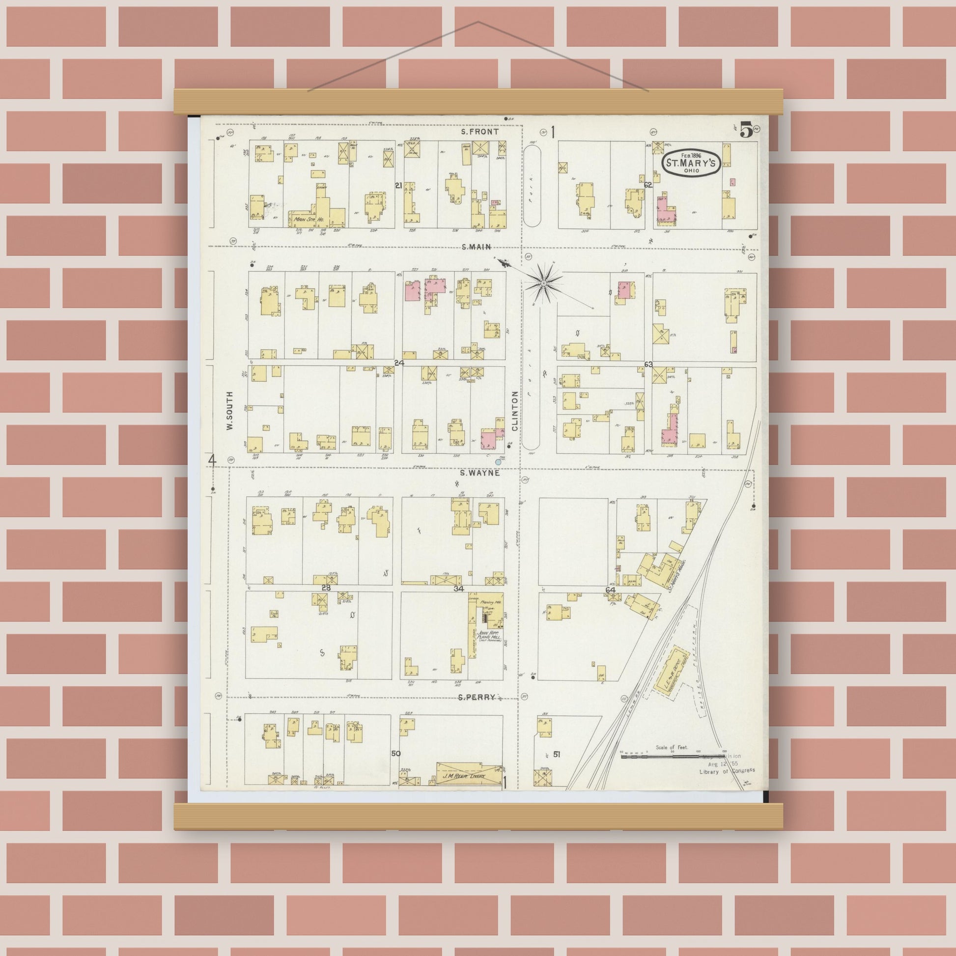 Old map wall art mockup — magnetic wood frame on brick wall — Sanborn Fire Insurance Map from Saint Marys, Auglaize County, Ohio (1896), Sheet #0005