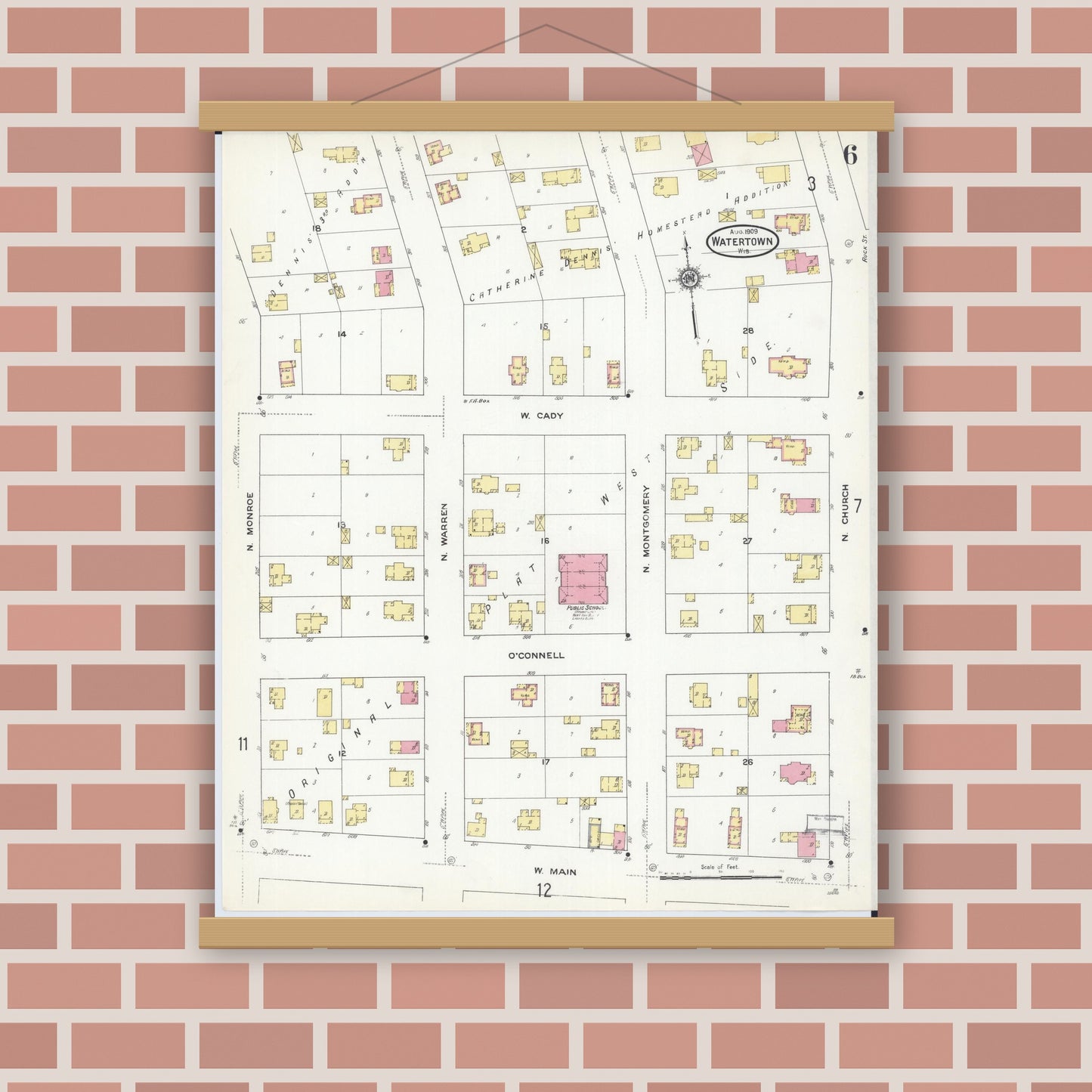 Old map wall art mockup — magnetic wood frame on brick wall — Sanborn Fire Insurance Map from Watertown, Jefferson County, Wisconsin (1909), Sheet #0006