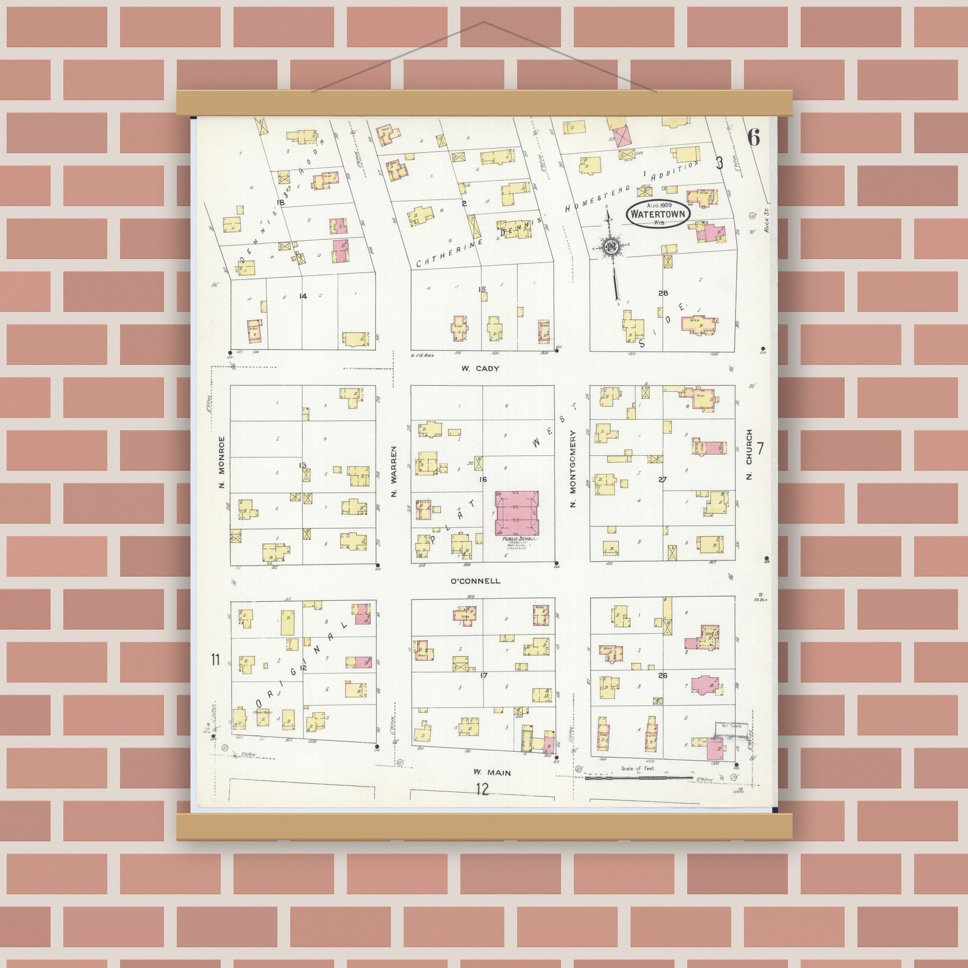 Old map wall art mockup — magnetic wood frame on brick wall — Sanborn Fire Insurance Map from Watertown, Jefferson County, Wisconsin (1909), Sheet #0006