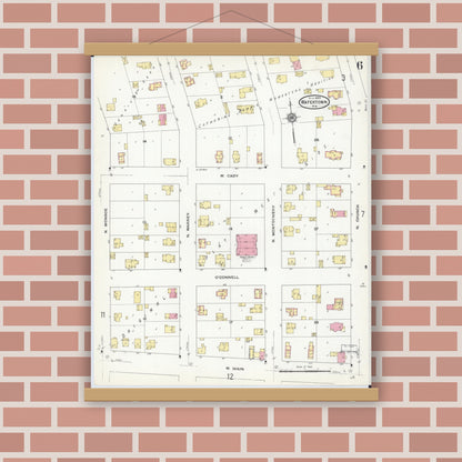 Old map wall art mockup — magnetic wood frame on brick wall — Sanborn Fire Insurance Map from Watertown, Jefferson County, Wisconsin (1909), Sheet #0006