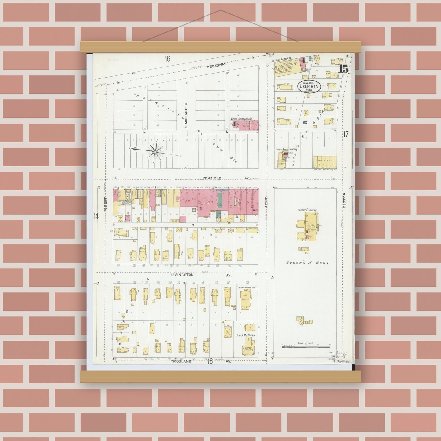 Old map wall art mockup — magnetic wood frame on brick wall — Sanborn Fire Insurance Map from Lorain, Lorain County, Ohio (1905), Sheet #0015