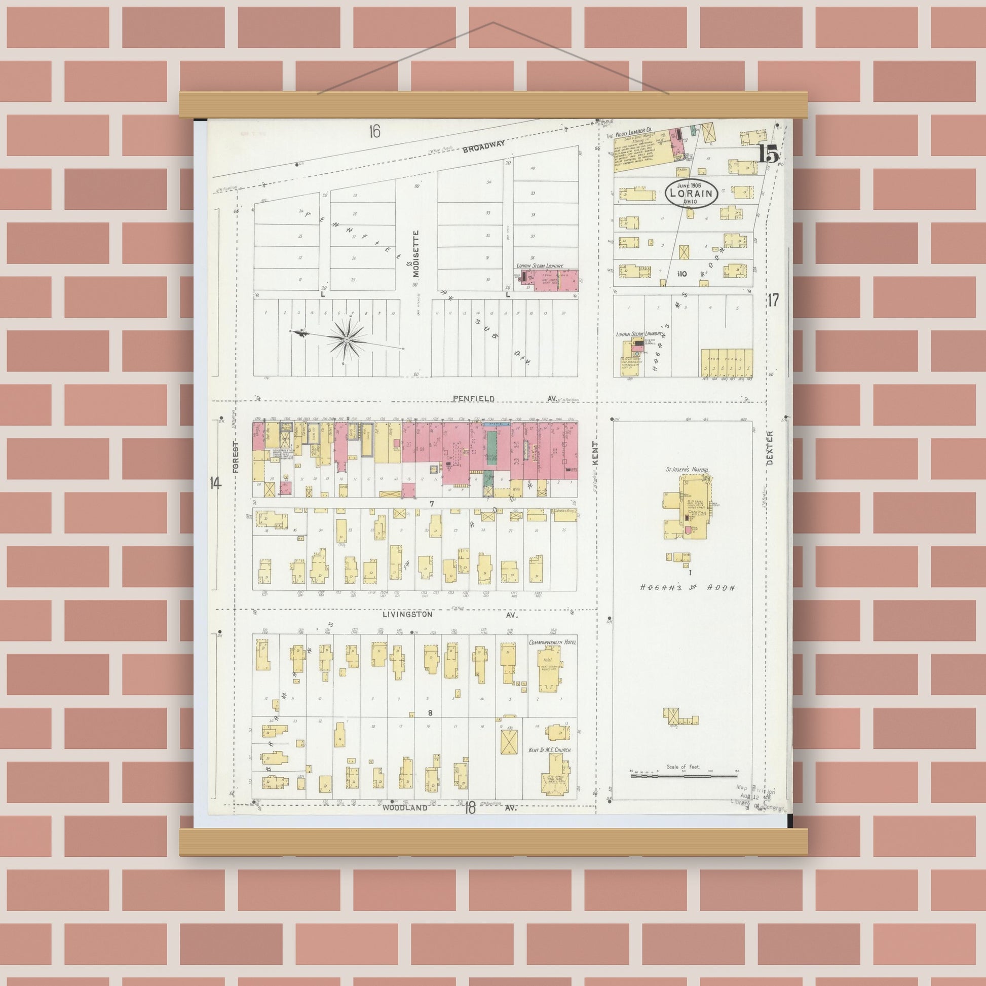 Old map wall art mockup — magnetic wood frame on brick wall — Sanborn Fire Insurance Map from Lorain, Lorain County, Ohio (1905), Sheet #0015